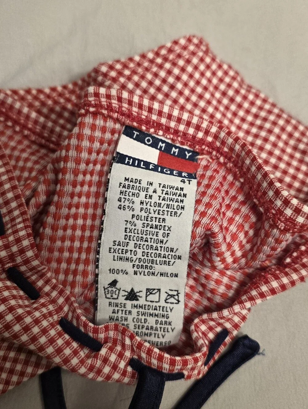 Tommy Hilfiger Red Gingham Kids Swim Bottoms with Navy Drawstring